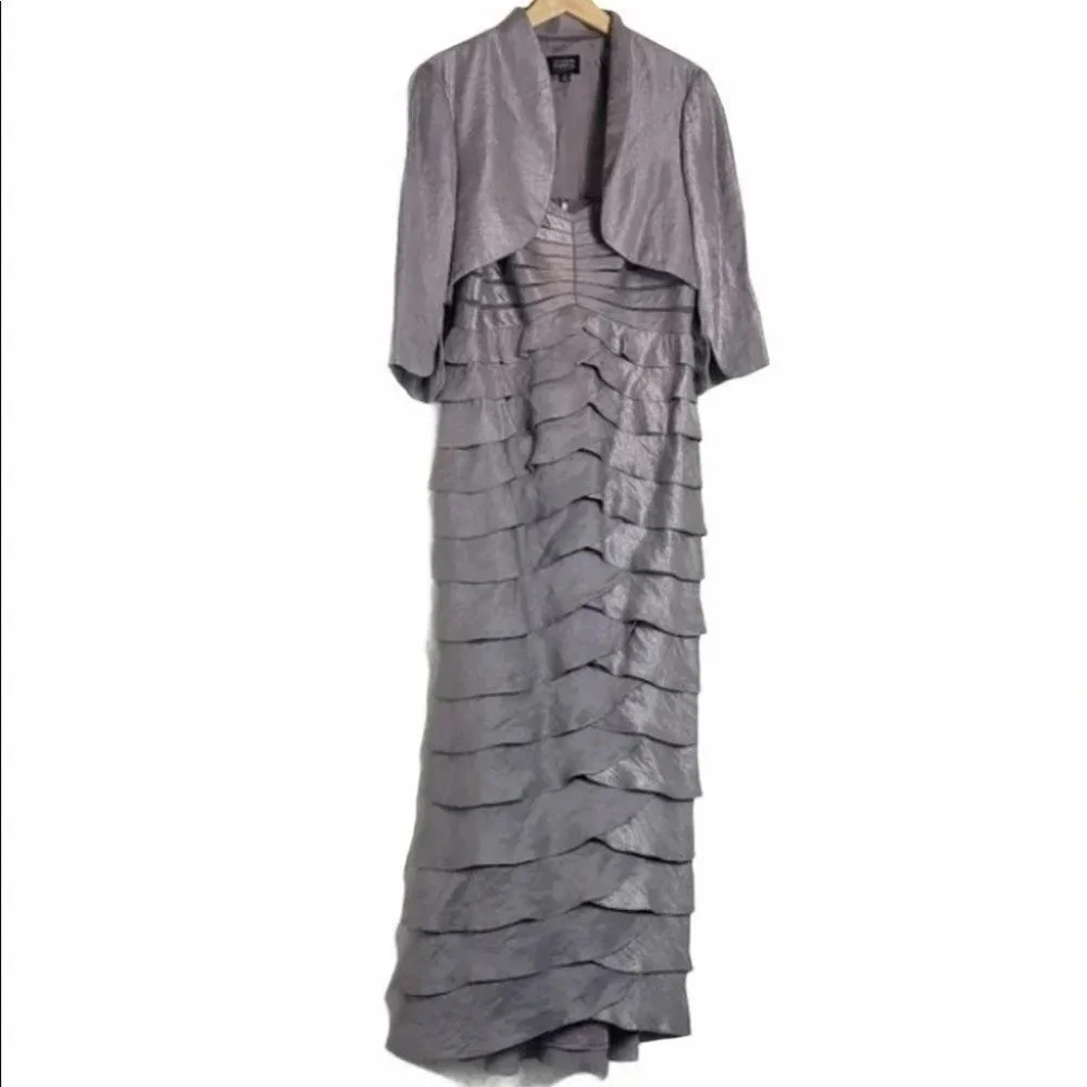 Adrianna‎ Papell Maxi Dress Set 12P Gray Tiered Ruffle Metallic Bolero Jacket